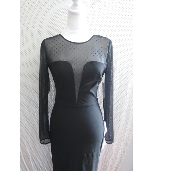NEW DRESS THE POPULATION Black VAL Rhinestone ILLUSION MESH L/S Mermaid GOWN XS - Picture 7 of 13